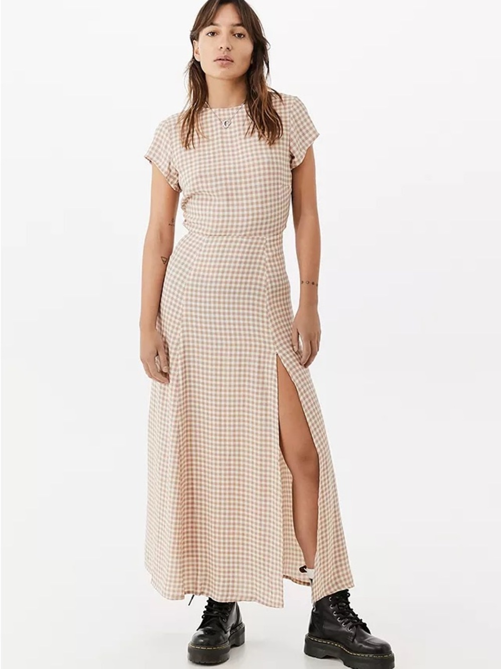 Urban outfitters Gingham Lindsey Cap-Sleeve Side-Slit Midi Dress